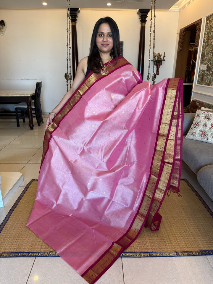 Onion Pink with Dark Pink, Body Zari Butta and Traditional Borders and Rich Pallu Korvai Silk Cotton Saree