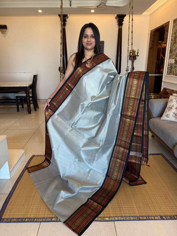 A classic Grey with Black, Rich Big Traditional Borders and Grand Pallu Korvai Silk Cotton Saree