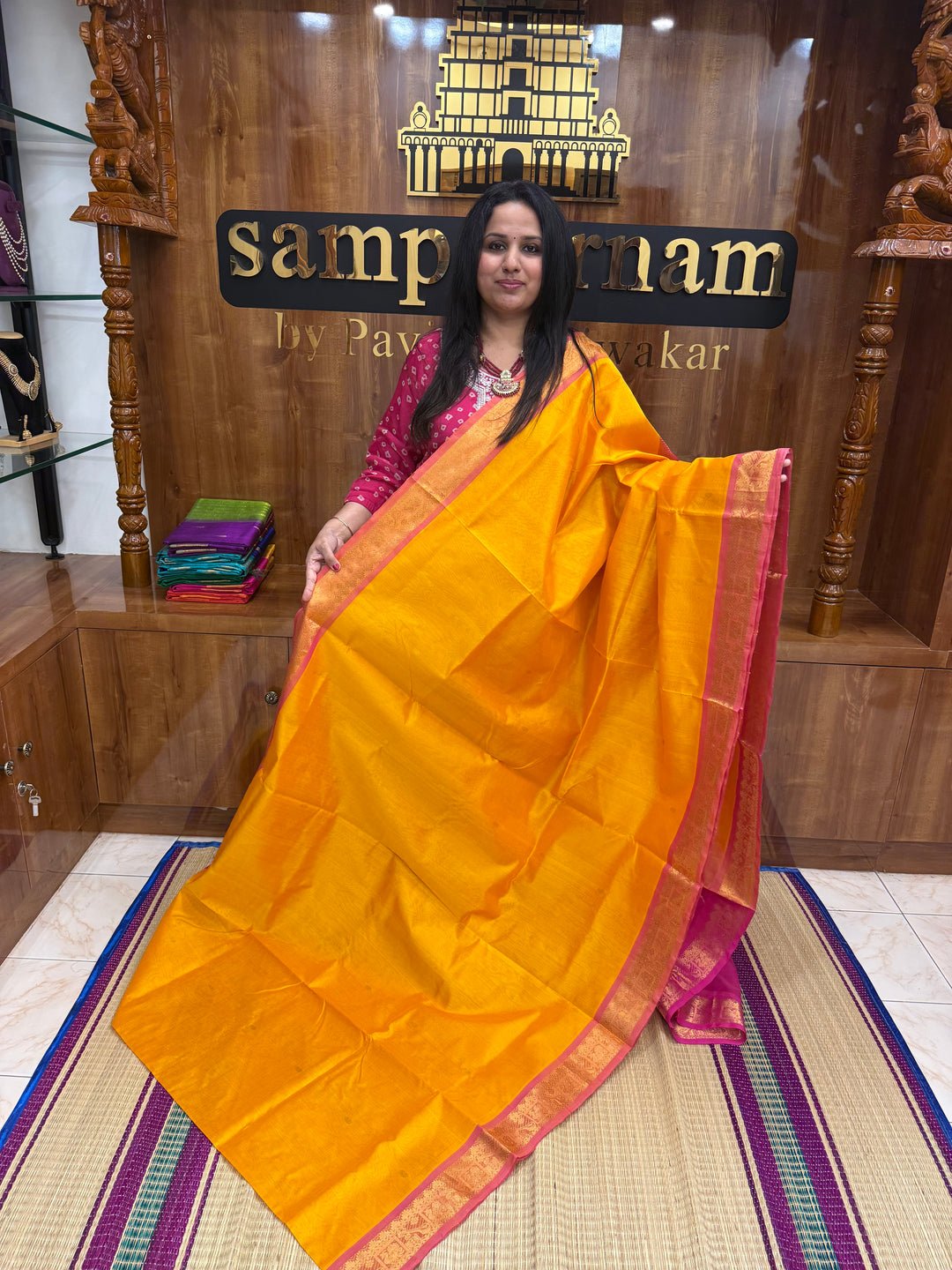 Mambazha Manjal with Pink , rich Zari butta in the body , Traditional Big Borders and rich Pallu  Silk Cotton Saree
