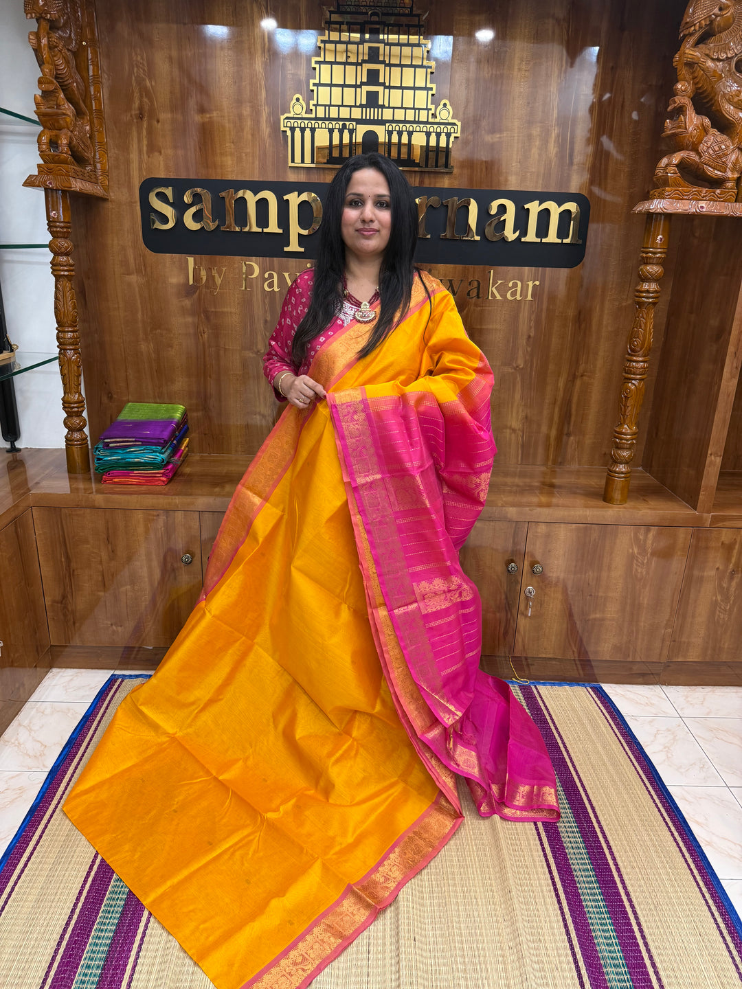 Mambazha Manjal with Pink , rich Zari butta in the body , Traditional Big Borders and rich Pallu  Silk Cotton Saree