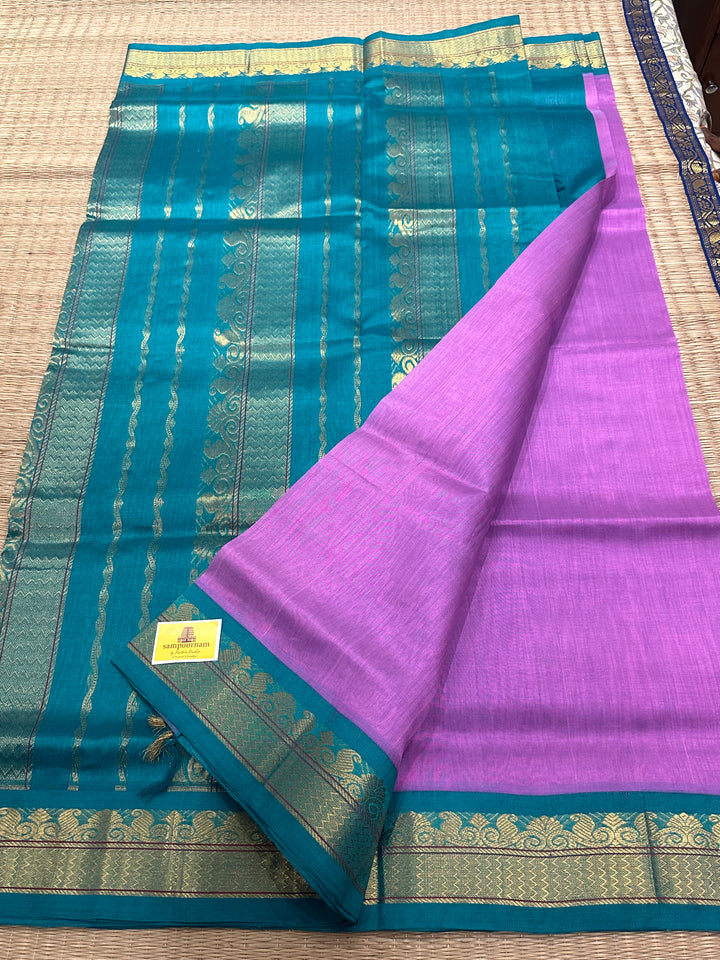 Lavender With Blue Rich Pallu Korvai Silk Cotton Saree