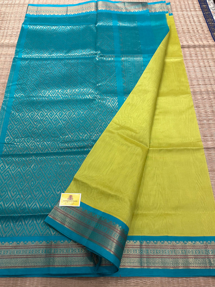 Lemon Yellow with Turquoise Blue Korvai Silk Cotton Saree