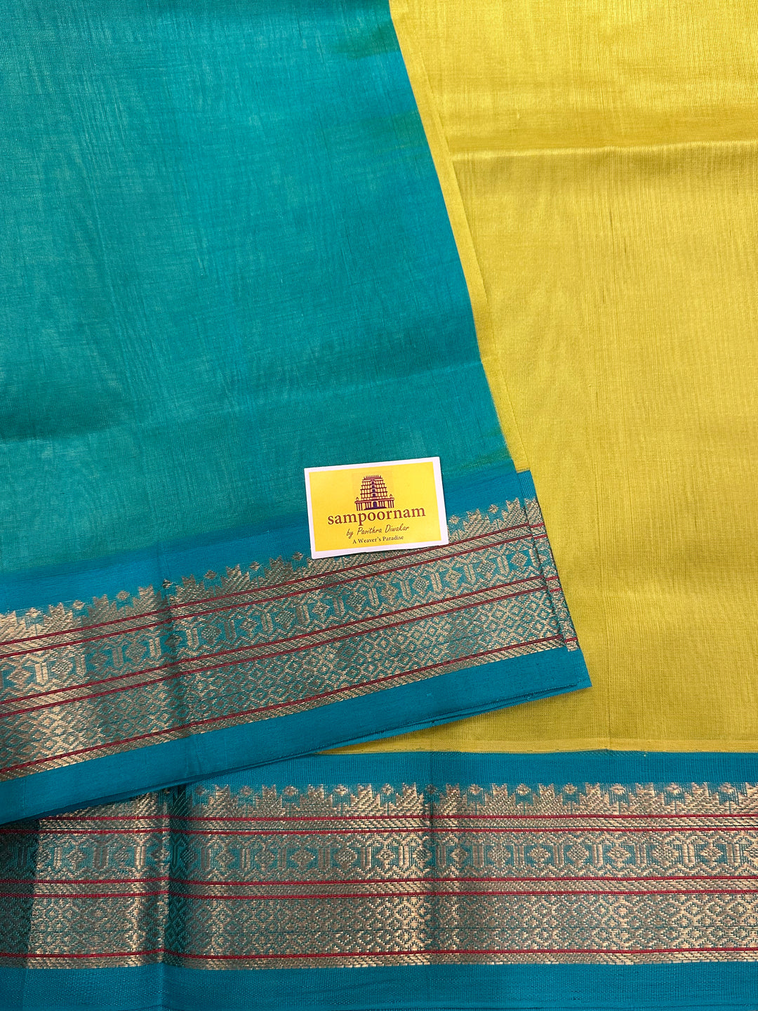 Lemon Yellow with Turquoise Blue Korvai Silk Cotton Saree