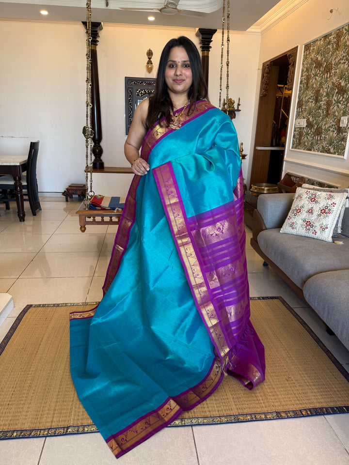 Ramar Blue with Purple Traditional Borders and Rich Pallu Korvai Silk Cotton Saree
