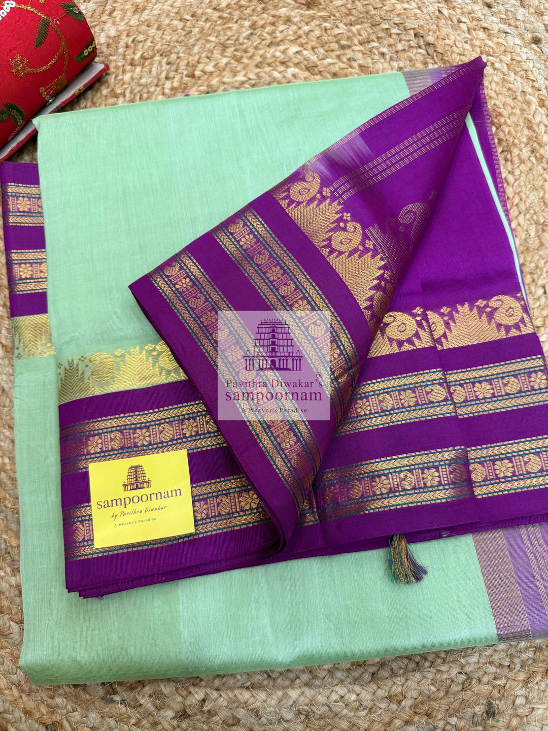 Pastel Green with Purple , Temple design with rettapet border and rich Pallu Korvai Silk Cotton Saree