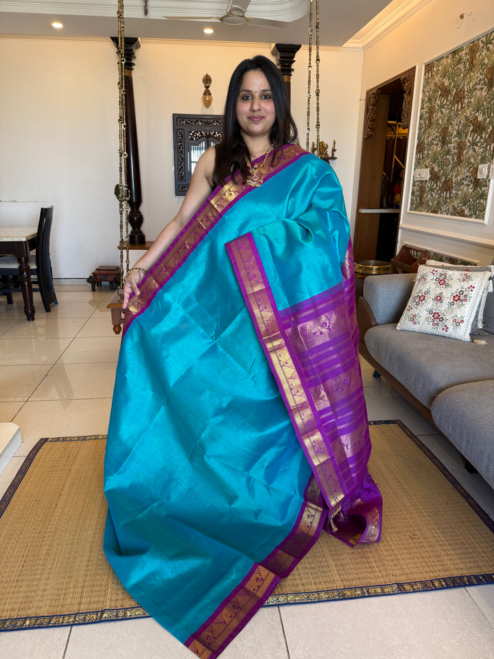 Ramar Blue with Purple Traditional Borders and Rich Pallu Korvai Silk Cotton Saree