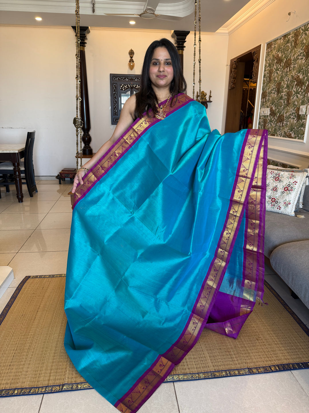 Ramar Blue with Purple Traditional Borders and Rich Pallu Korvai Silk Cotton Saree