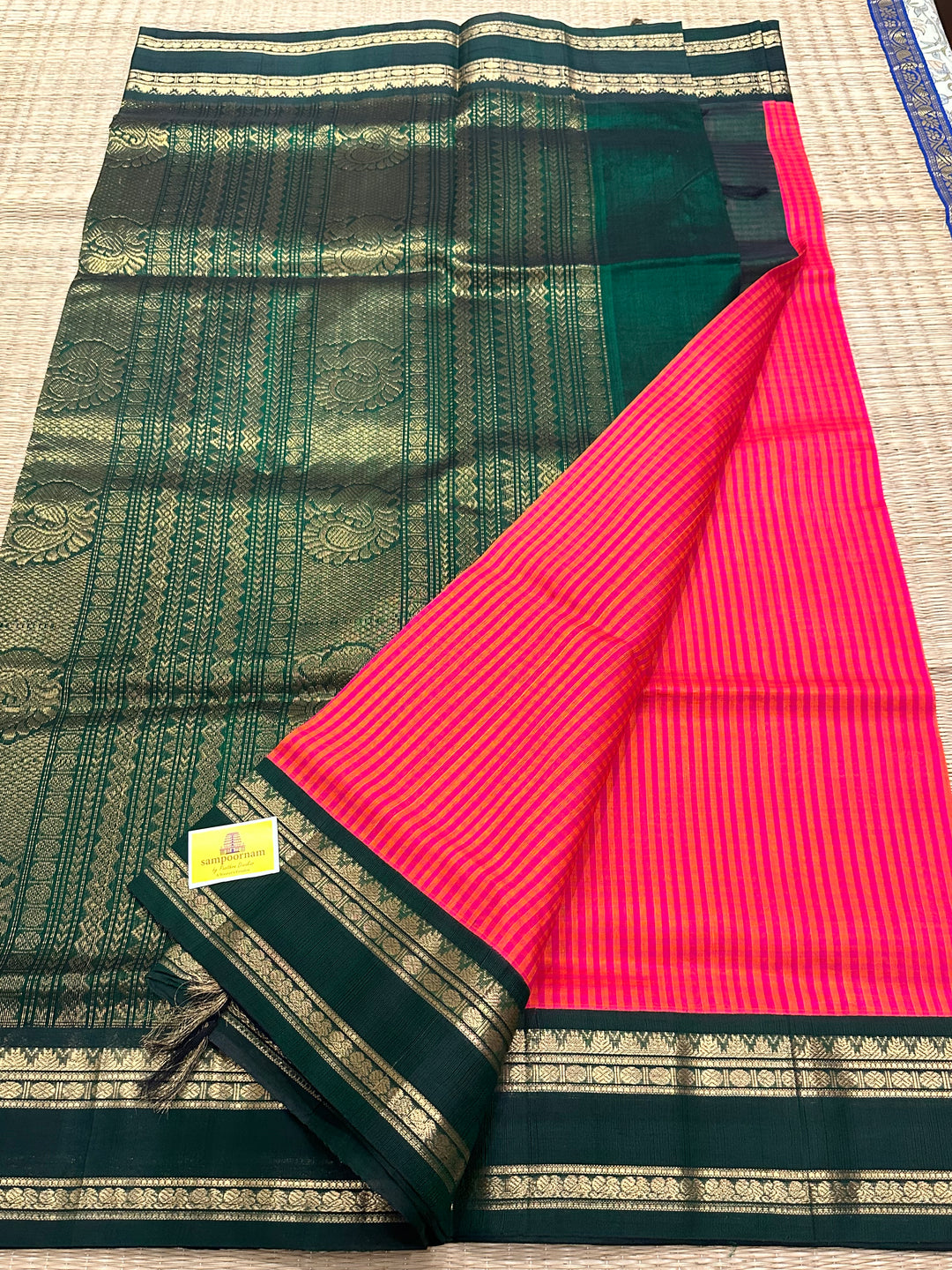 Orange And Magenta Podi Kattam with Green Rettapet Border and Rich Zari Pallu Korvai Silk Cotton Saree