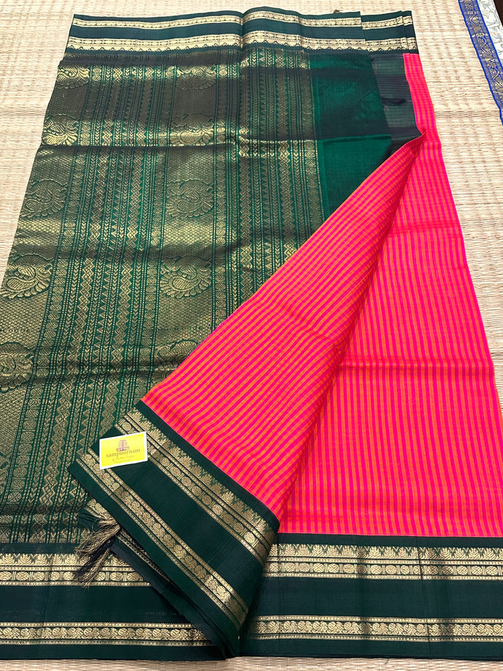 Orange And Magenta Podi Kattam with Green Rettapet Border and Rich Zari Pallu Korvai Silk Cotton Saree