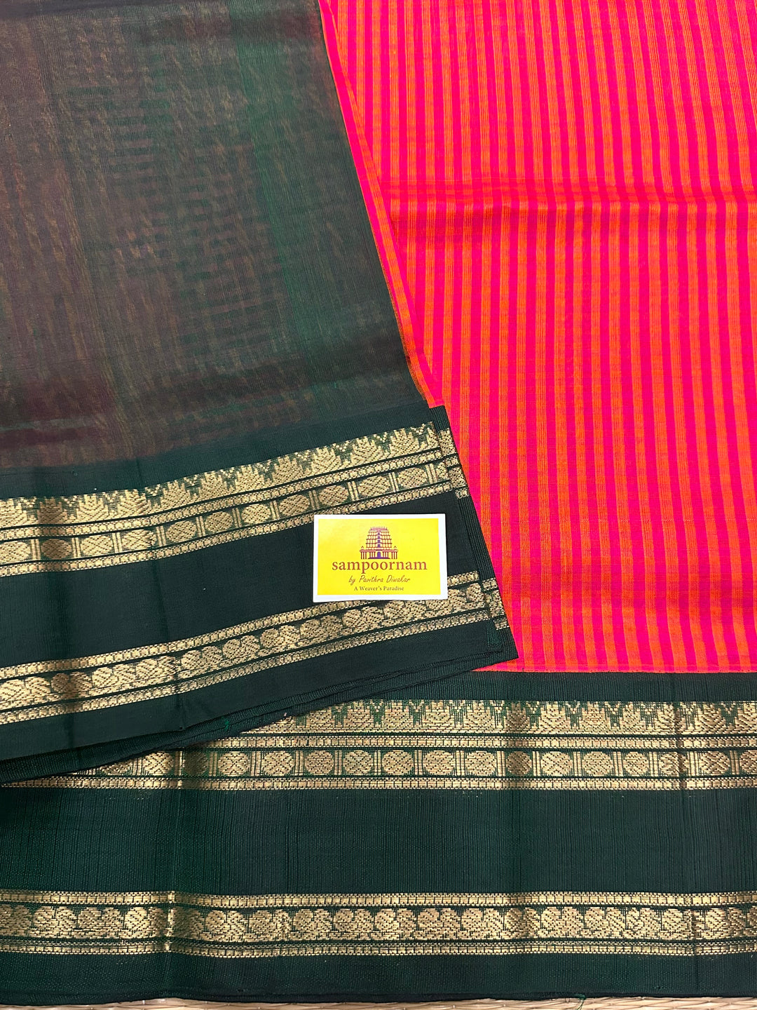 Orange And Magenta Podi Kattam with Green Rettapet Border and Rich Zari Pallu Korvai Silk Cotton Saree