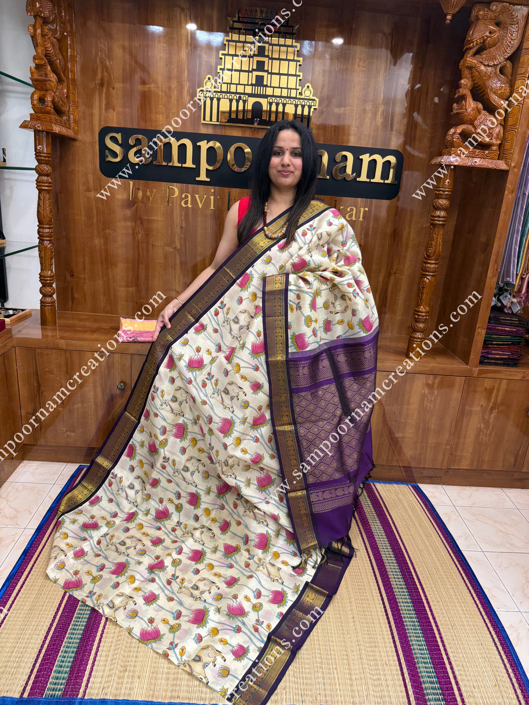 Offwhite with Dark Purple , Traditional Borders and  rich Pallu Pichwai Printed Korvai Silk Cotton Saree