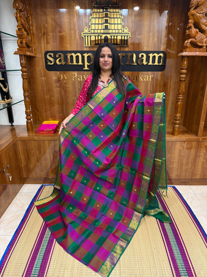 Pink , Green , Violet with Green , Pallum Pazham checks with rich butta , traditional borders and rich Pallu  Silk Cotton Saree