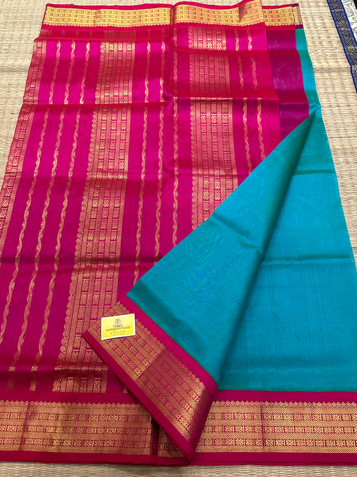 Ramar Blue with GangaJamuna Border ,Pink and Purple Rich Pallu Korvai Silk Cotton Saree