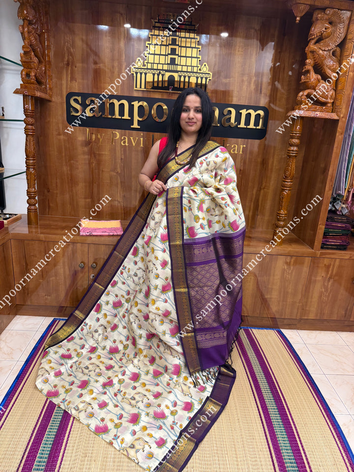 Offwhite with Dark Purple , Traditional Borders and  rich Pallu Pichwai Printed Korvai Silk Cotton Saree