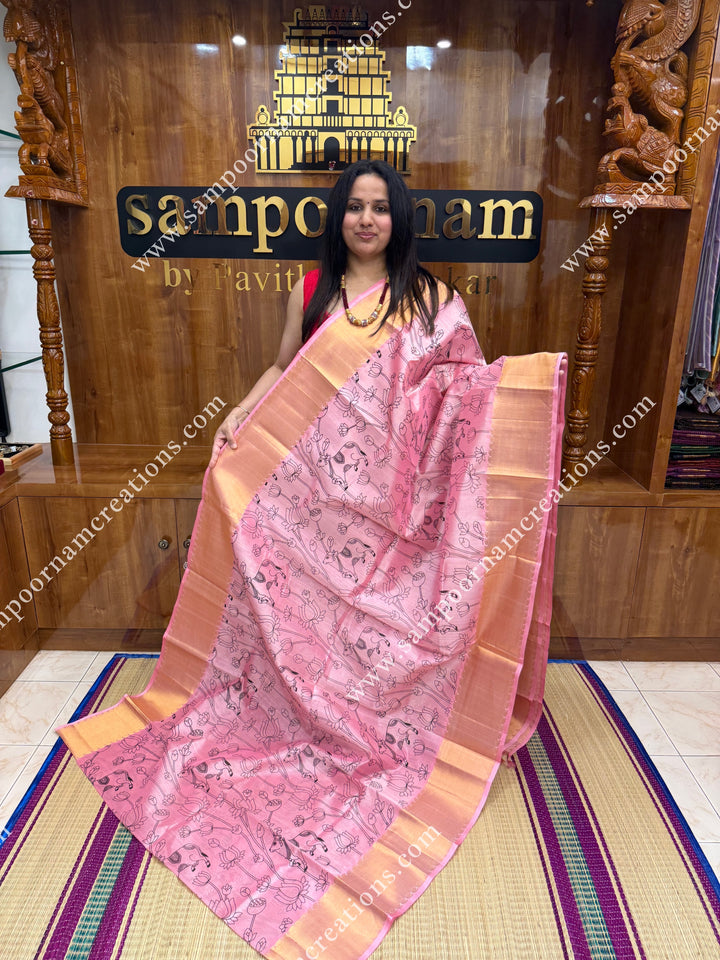 Baby Pink with Pichwai Outline Print , Tissue Rich Border and  rich Pallu  Silk Cotton Saree