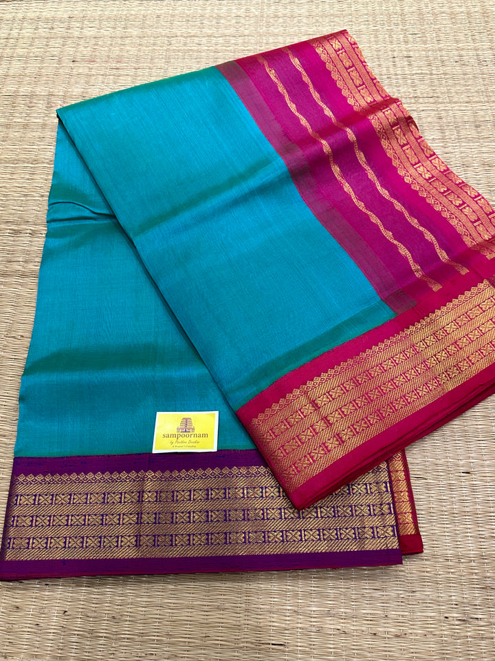 Ramar Blue with GangaJamuna Border ,Pink and Purple Rich Pallu Korvai Silk Cotton Saree