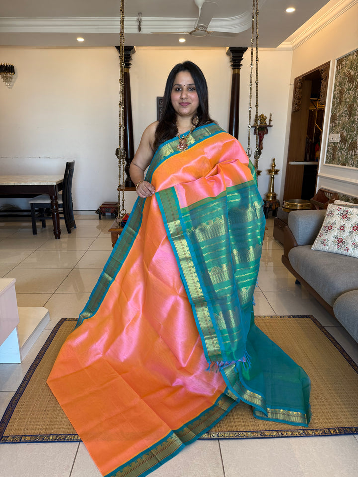 Peachish Pink with Turquoise Blue, Traditional Borders and Rich Pallu Korvai Silk Cotton Saree