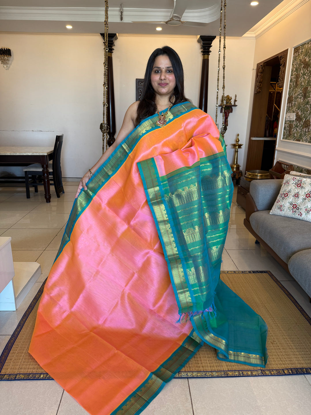Peachish Pink with Turquoise Blue, Traditional Borders and Rich Pallu Korvai Silk Cotton Saree