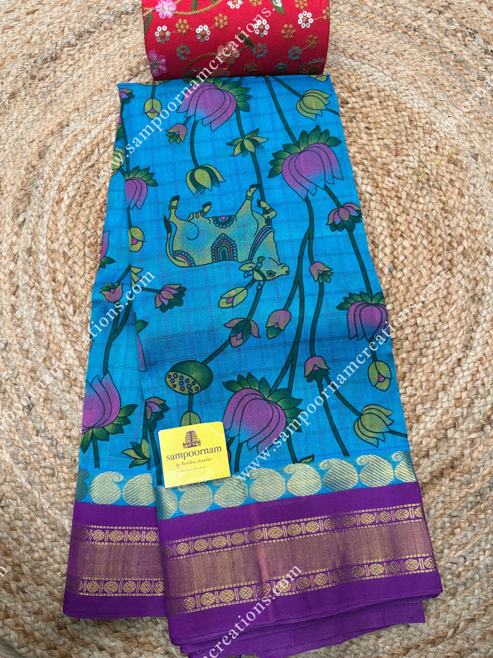 Ocean Blue with Magenta , Checks in the body and rettapet  Borders , rich Pallu Pichwai Printed Korvai Silk Cotton Saree