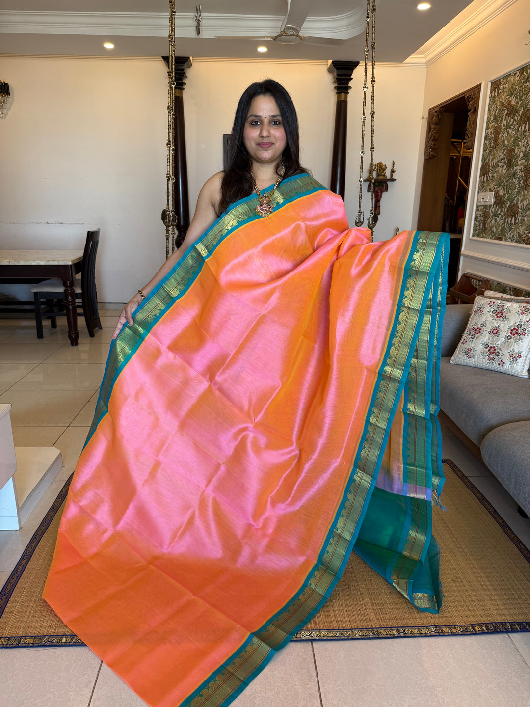 Peachish Pink with Turquoise Blue, Traditional Borders and Rich Pallu Korvai Silk Cotton Saree