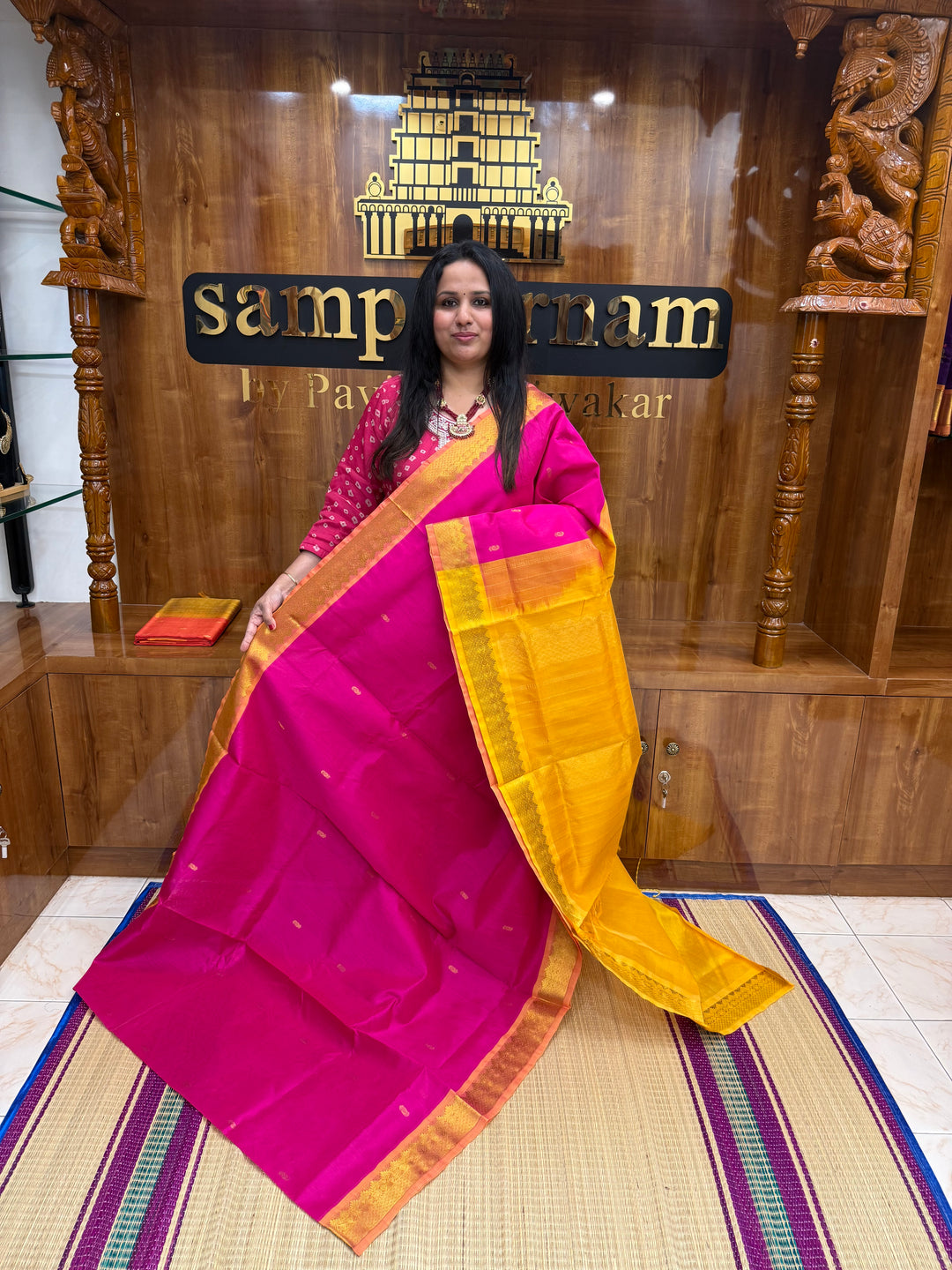 Pink with Mustard  , rich Mango Zari butta in the body , Traditional Big Borders and rich Pallu  Silk Cotton Saree