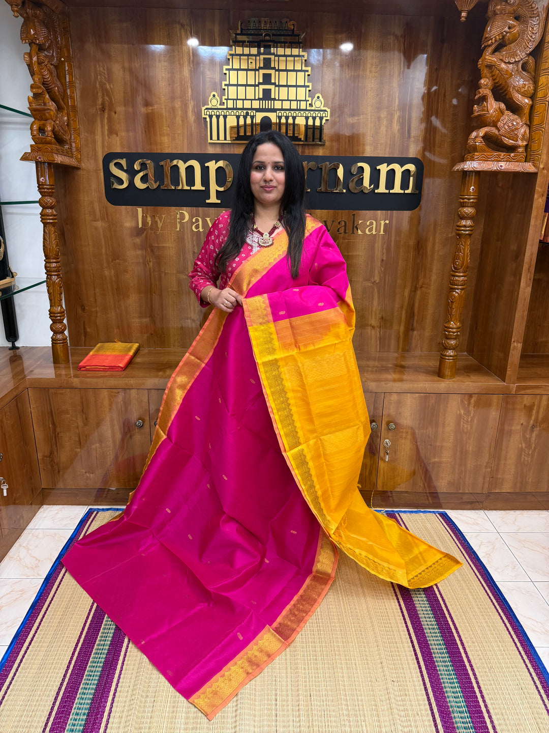Pink with Mustard  , rich Mango Zari butta in the body , Traditional Big Borders and rich Pallu  Silk Cotton Saree