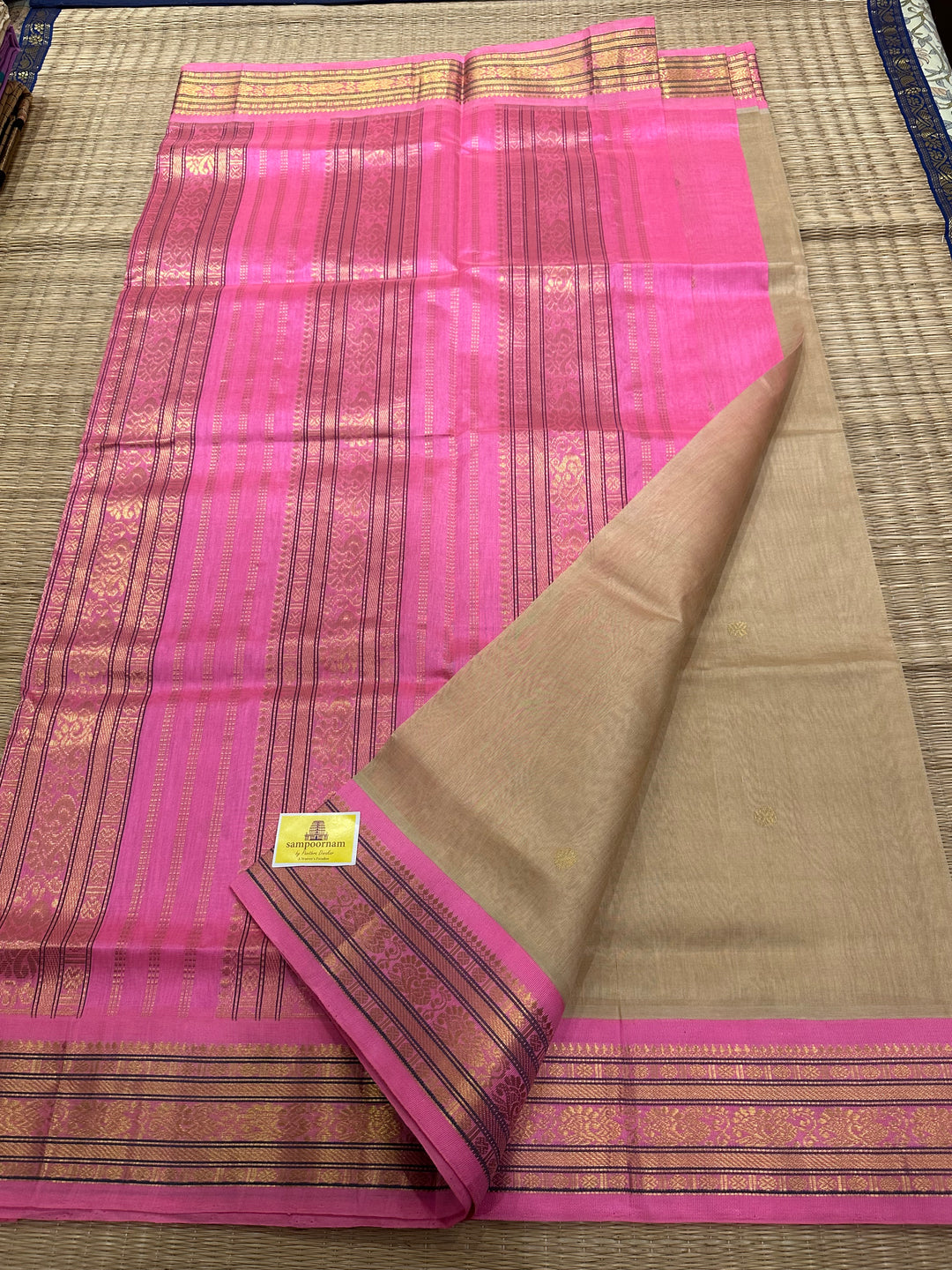 Cream with Baby Pink Body Butta Rich Pallu Korvai Silk Cotton Saree