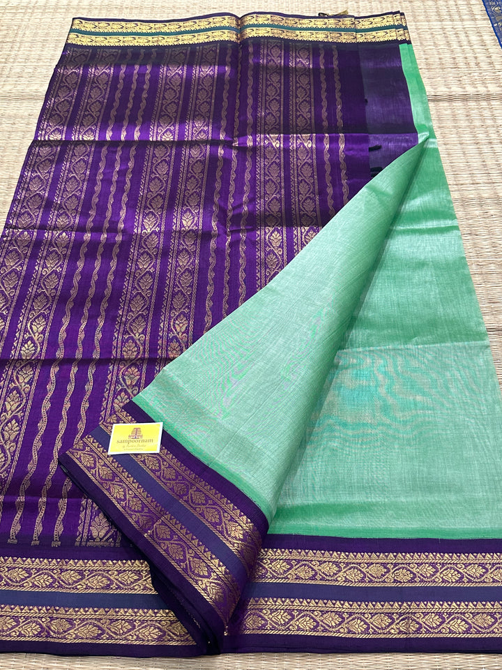 Light Rexona Green with Purple Rich Pallu Korvai Silk Cotton Saree