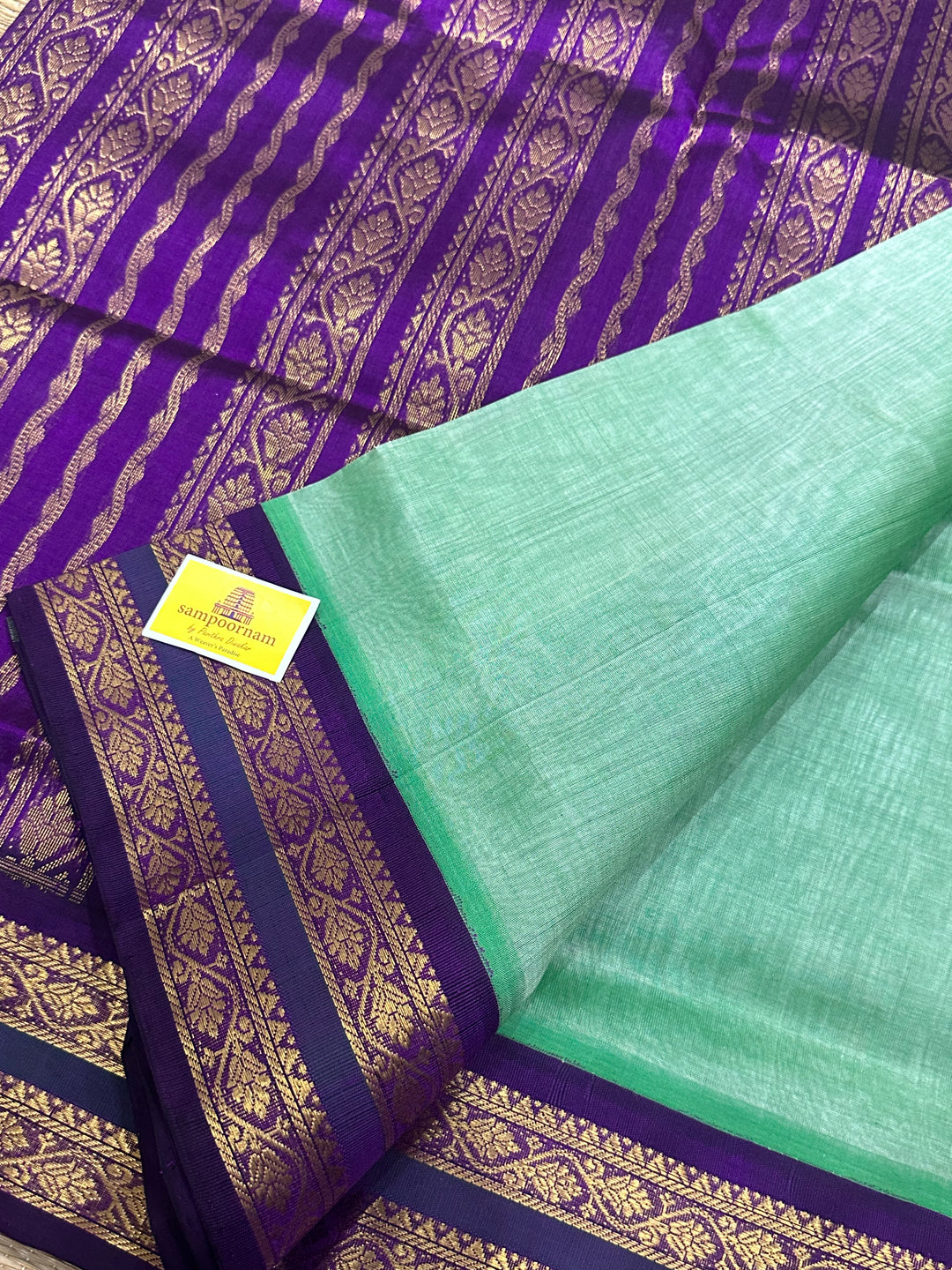 Light Rexona Green with Purple Rich Pallu Korvai Silk Cotton Saree