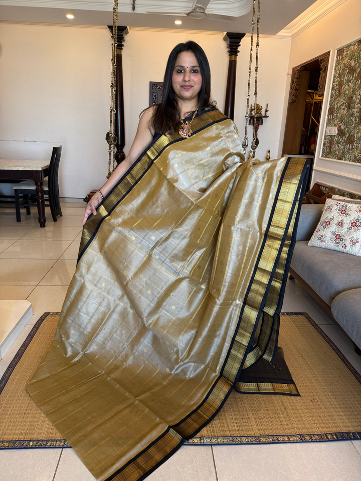 Light Gold with Black Rich Zari Checks with Butta in the Body, Traditional borders and Rich Pallu Korvai Silk Cotton Saree