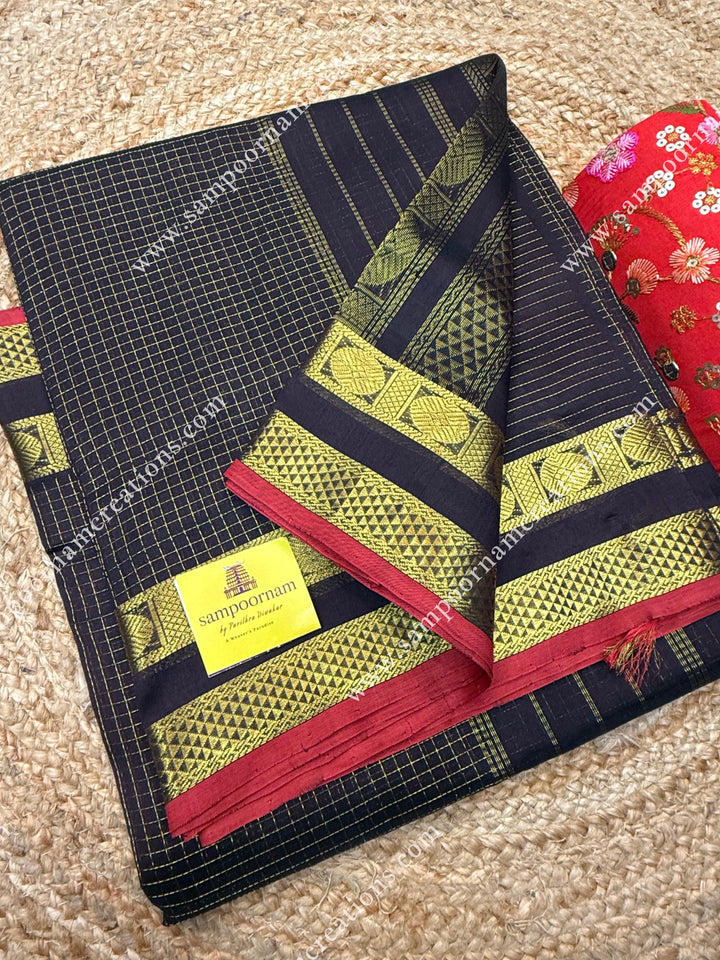 Dark Brown , Red Selvedge , Rich Zari Checks in the body , rettapet borders and rich Pallu Silk Cotton Sarees