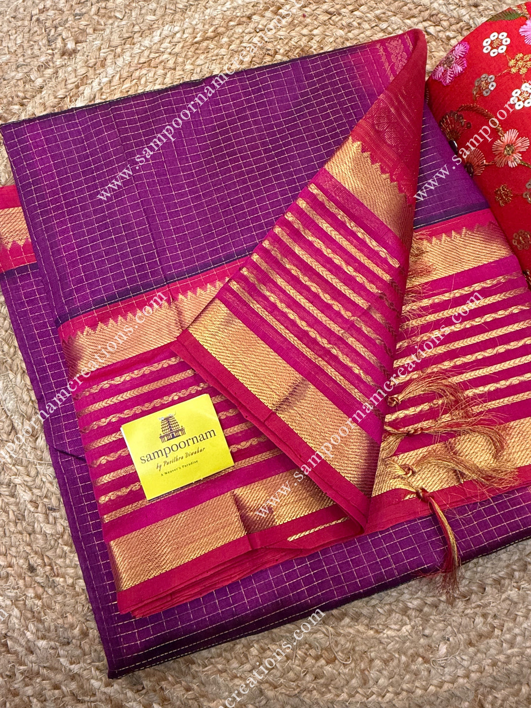 Dark plum with Pink , Rich Zari Checks in the body ,one side Long borders rich Pallu Silk Cotton Sarees