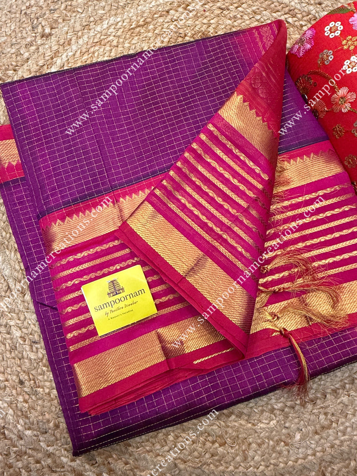 Dark plum with Pink , Rich Zari Checks in the body ,one side Long borders rich Pallu Silk Cotton Sarees