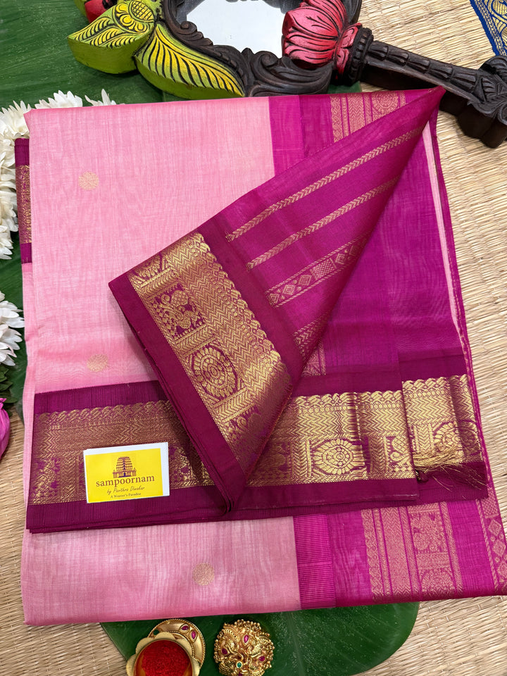 Onion Pink with Dark Pink, Body Zari Butta and Traditional Borders and Rich Pallu Korvai Silk Cotton Saree