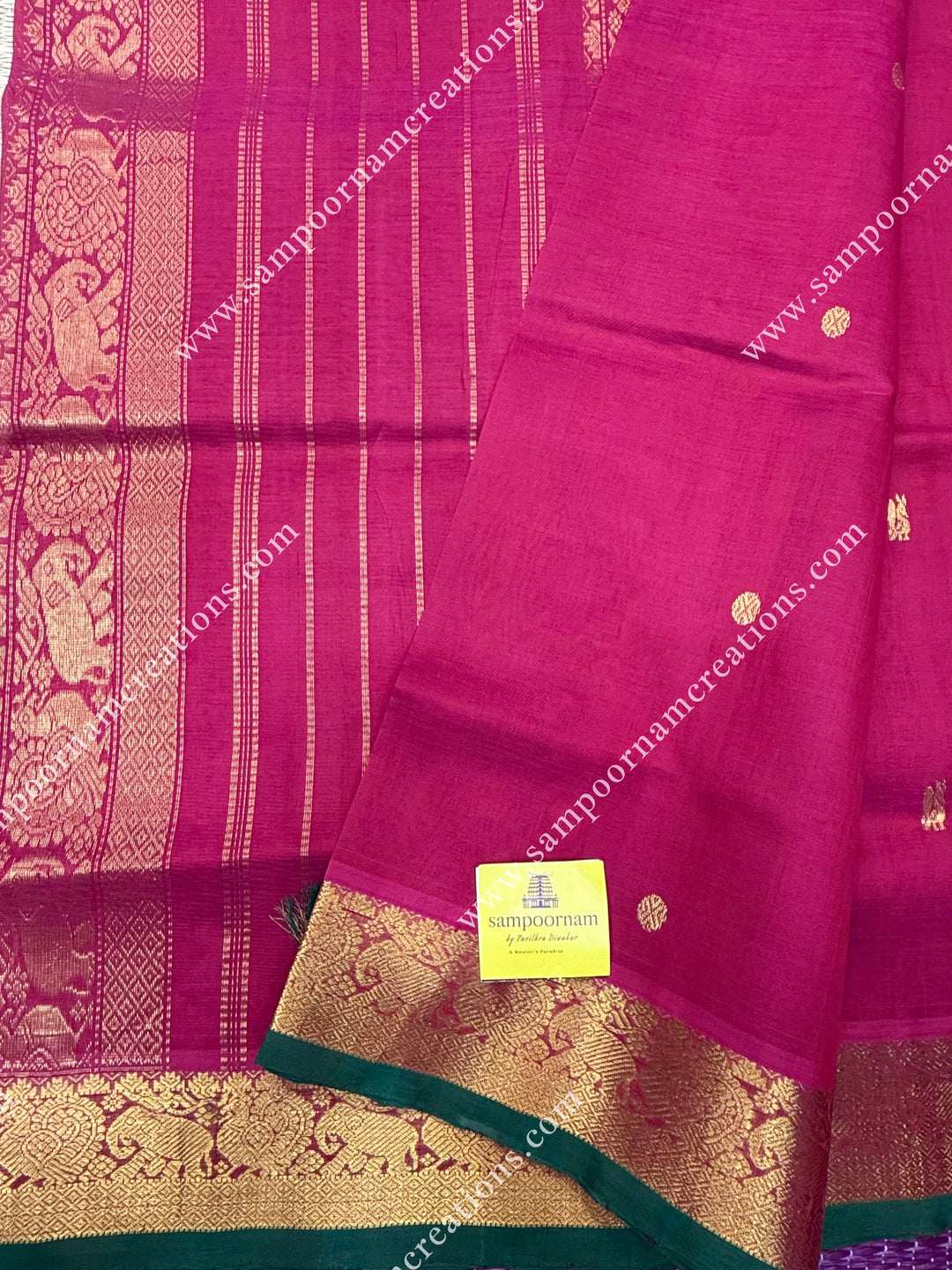 Red ,  Green Selvedge  , Rich Annam and Rudraksh Zari Butta in the body , traditional borders and rich Pallu Silk Cotton Saree