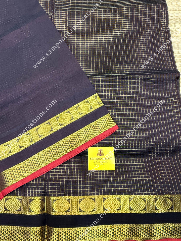Dark Brown , Red Selvedge , Rich Zari Checks in the body , rettapet borders and rich Pallu Silk Cotton Sarees