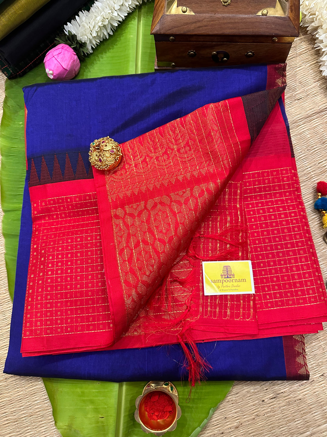 Dark Blue with Red One Side Big Border Lakshadeepam , Rich Pallu Korvai Silk Cotton Saree