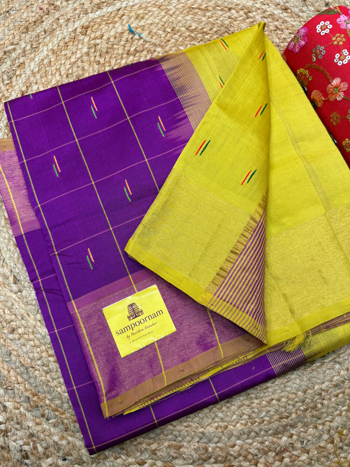 Violet with Lemon Green , checks in the body and rain drop thread butta in the body and Pallu Semi Silk Cotton Saree