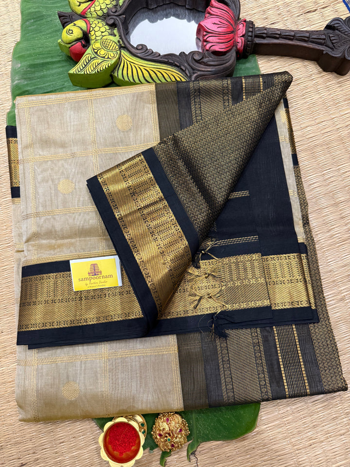 Light Gold with Black Rich Zari Checks with Butta in the Body, Traditional borders and Rich Pallu Korvai Silk Cotton Saree