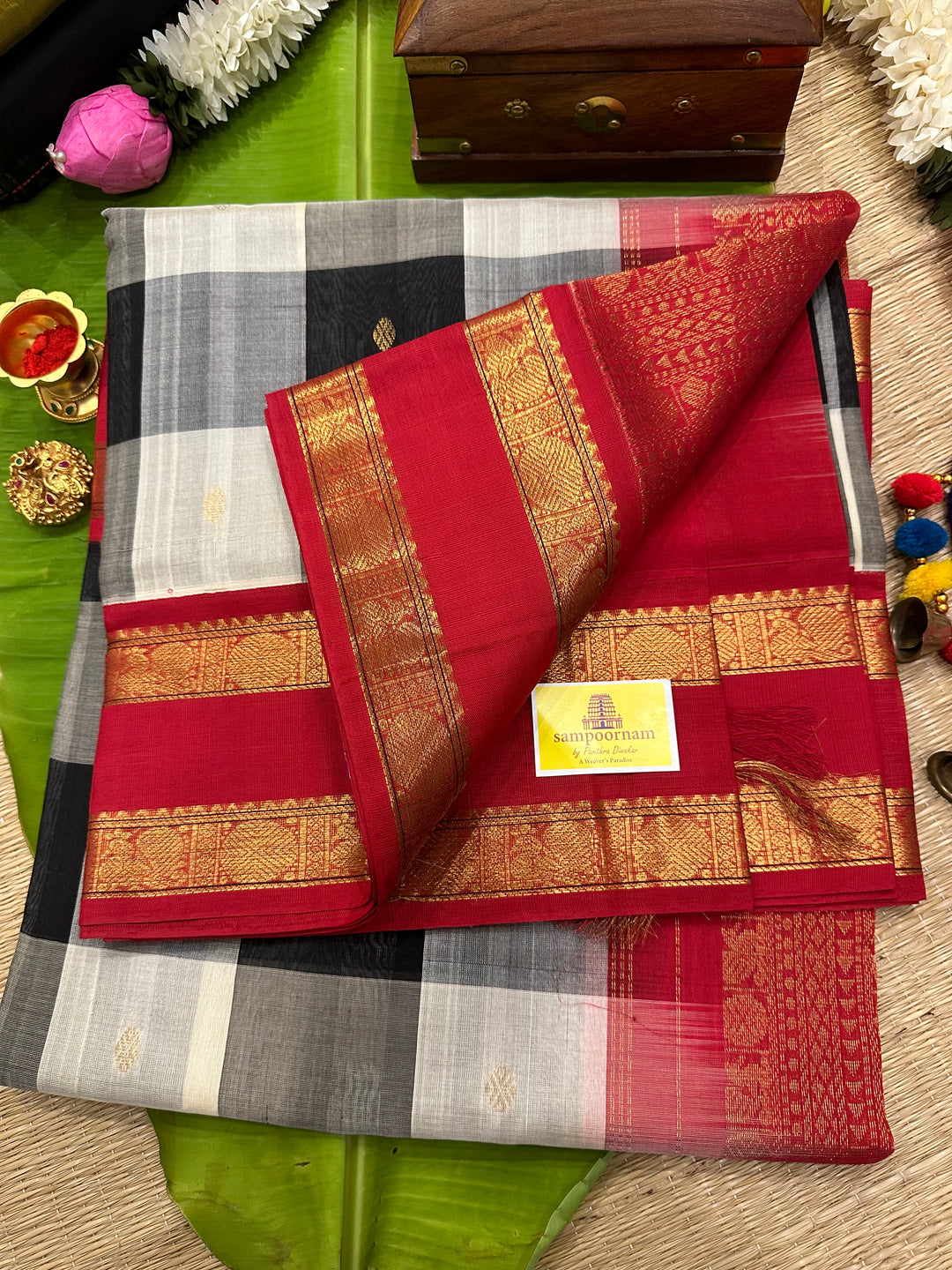 Black And White Big Checks with Butta, Rettapet Border and Rich Red Pallu Korvai Silk Cotton Saree