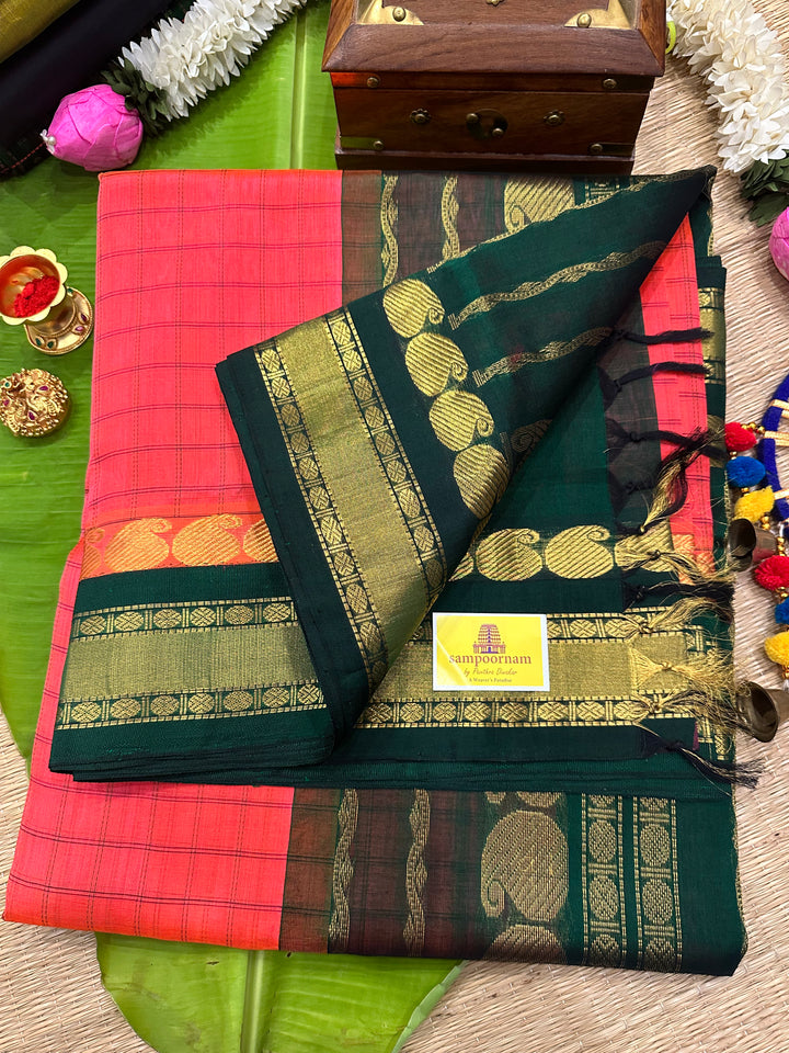 Dark Double Shaded Pink with Dark Green Body Checks Rich Pallu Korvai Silk Cotton Saree