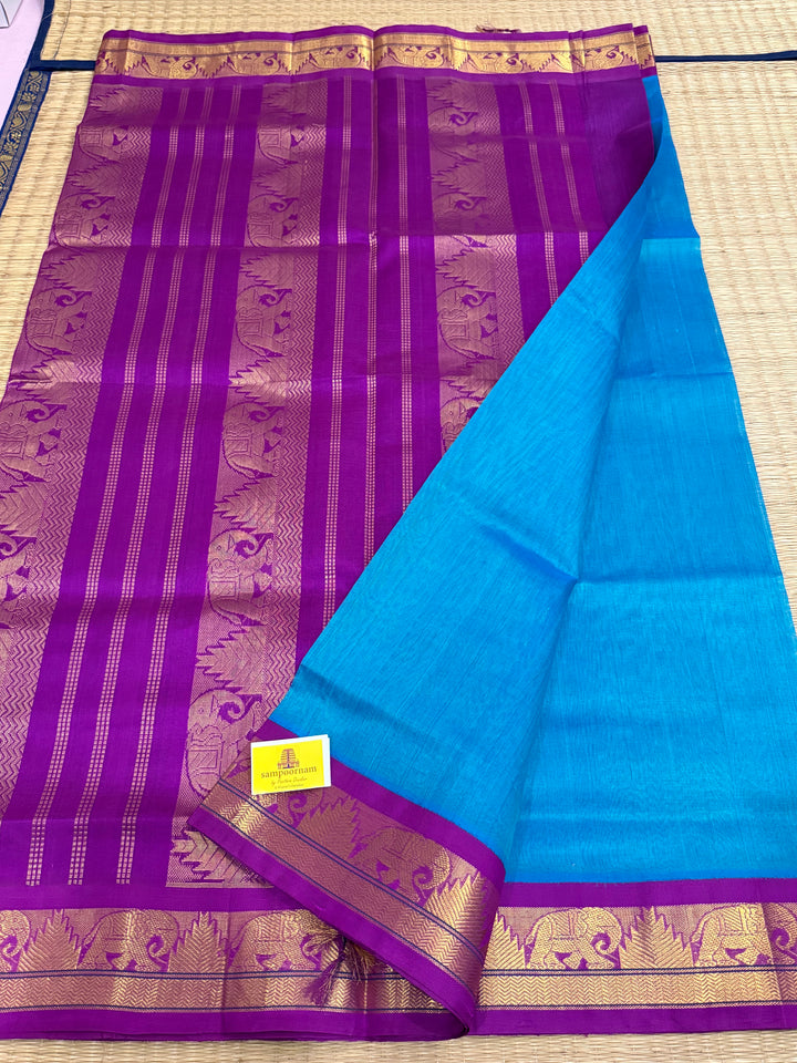 Ramar Blue with Purple Traditional Borders and Rich Pallu Korvai Silk Cotton Saree