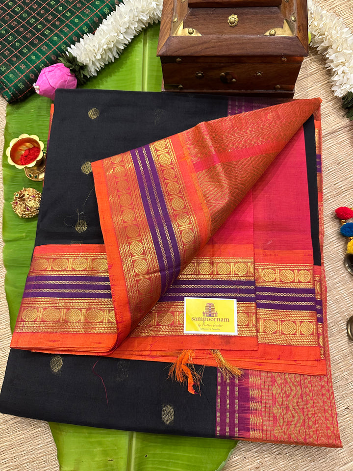 Black with Pinkish Orange Body Butta , Rich Pallu Korvai Silk Cotton Saree