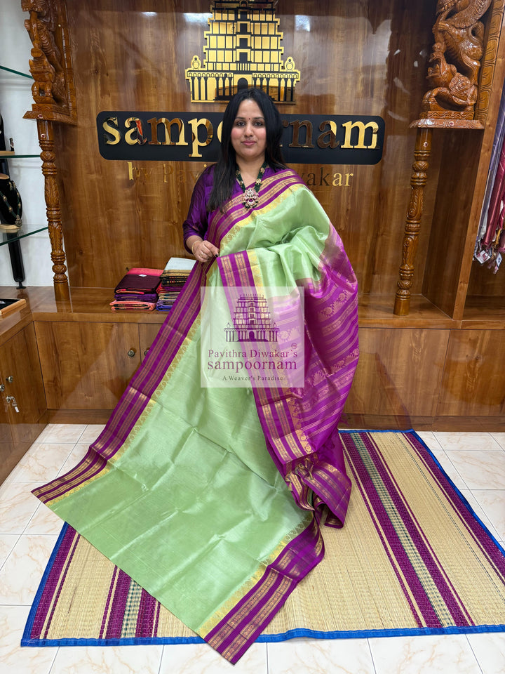 Pastel Green with Purple , Temple design with rettapet border and rich Pallu Korvai Silk Cotton Saree