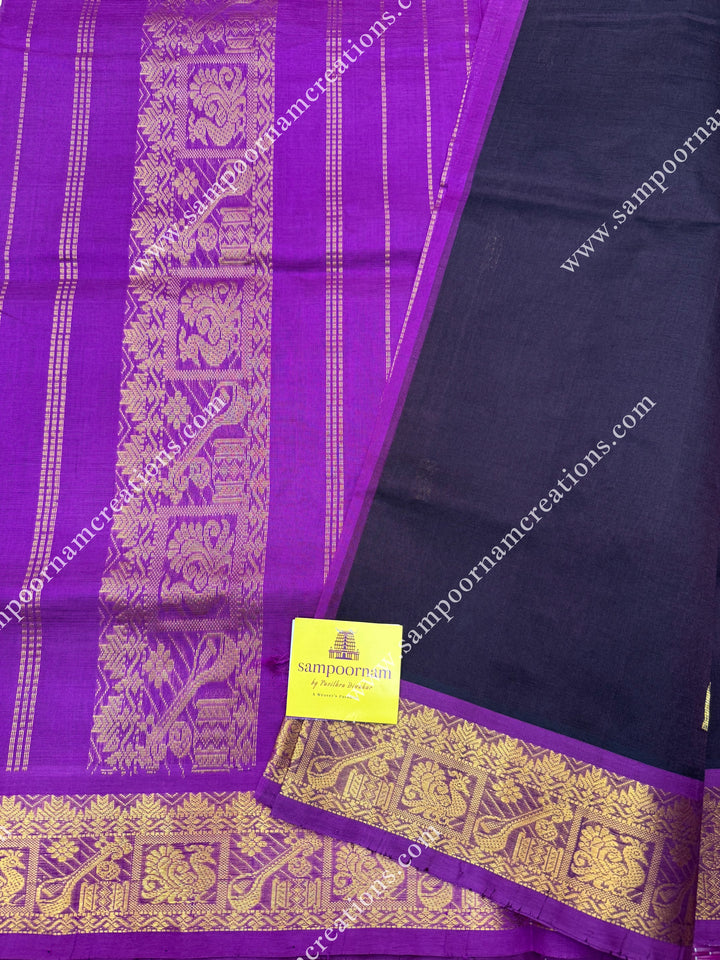 Dark Brown with Magenta , Rich Annam Zari Butta in the body , traditional borders and rich Pallu Silk Cotton Saree