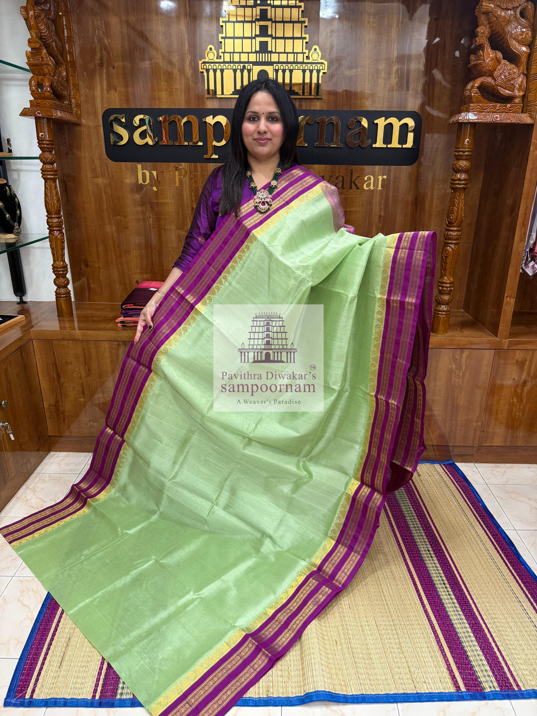 Pastel Green with Purple , Temple design with rettapet border and rich Pallu Korvai Silk Cotton Saree