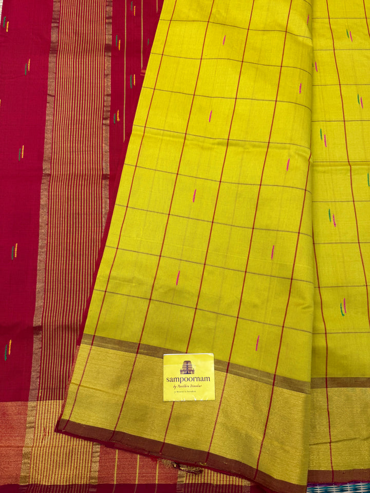 Yellow with Red , checks in the body and rain drop thread butta in the body and Pallu Semi Silk Cotton Saree