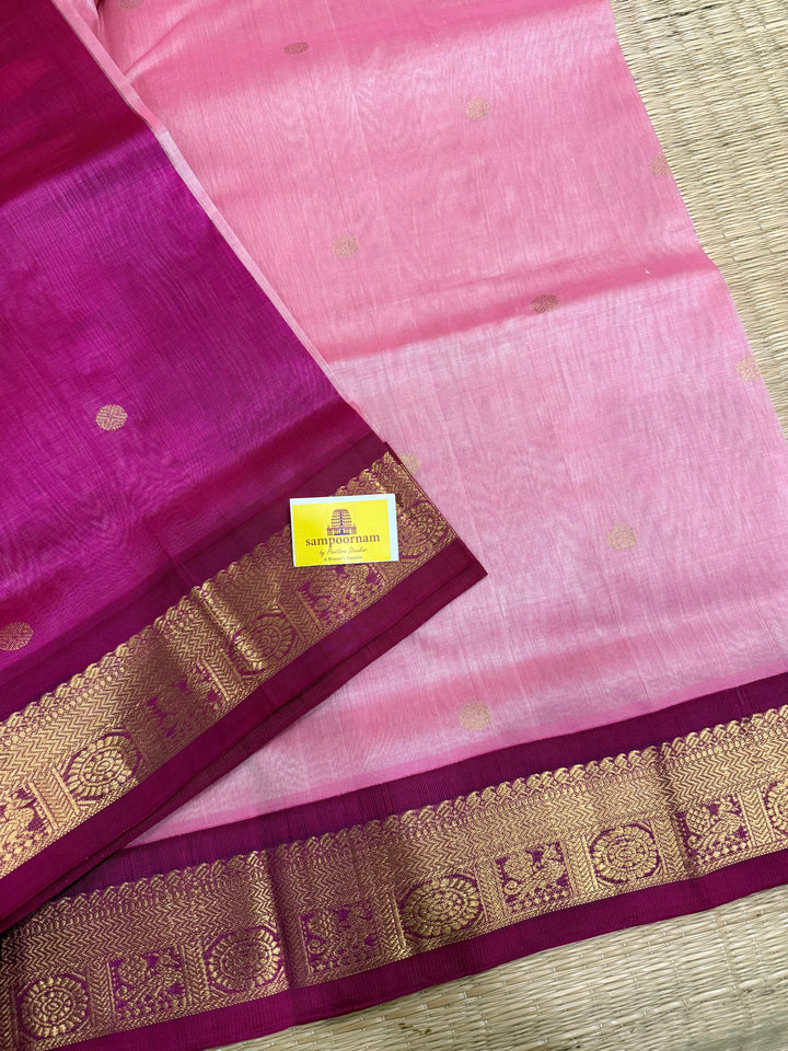 Onion Pink with Dark Pink, Body Zari Butta and Traditional Borders and Rich Pallu Korvai Silk Cotton Saree