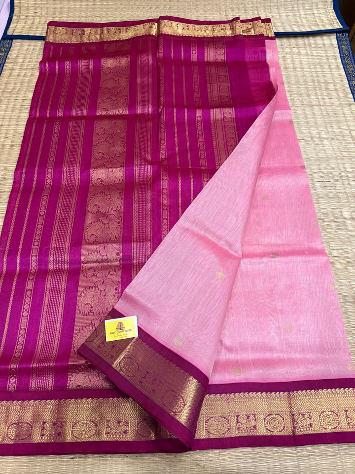 Onion Pink with Dark Pink, Body Zari Butta and Traditional Borders and Rich Pallu Korvai Silk Cotton Saree