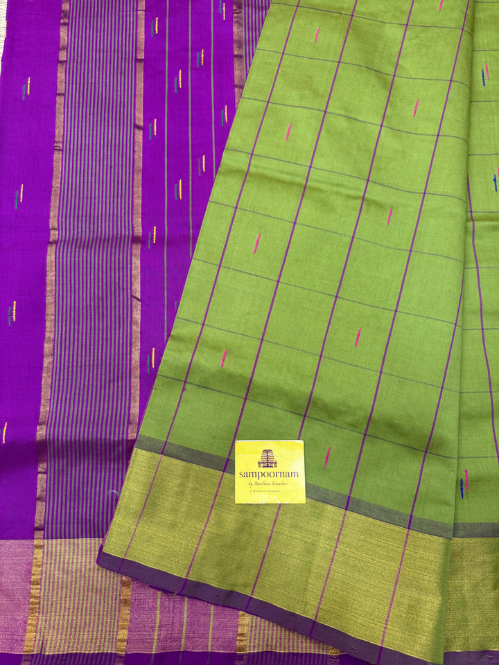 Elaichi Green with Purple , checks in the body and rain drop thread butta in the body and Pallu Semi Silk Cotton Saree